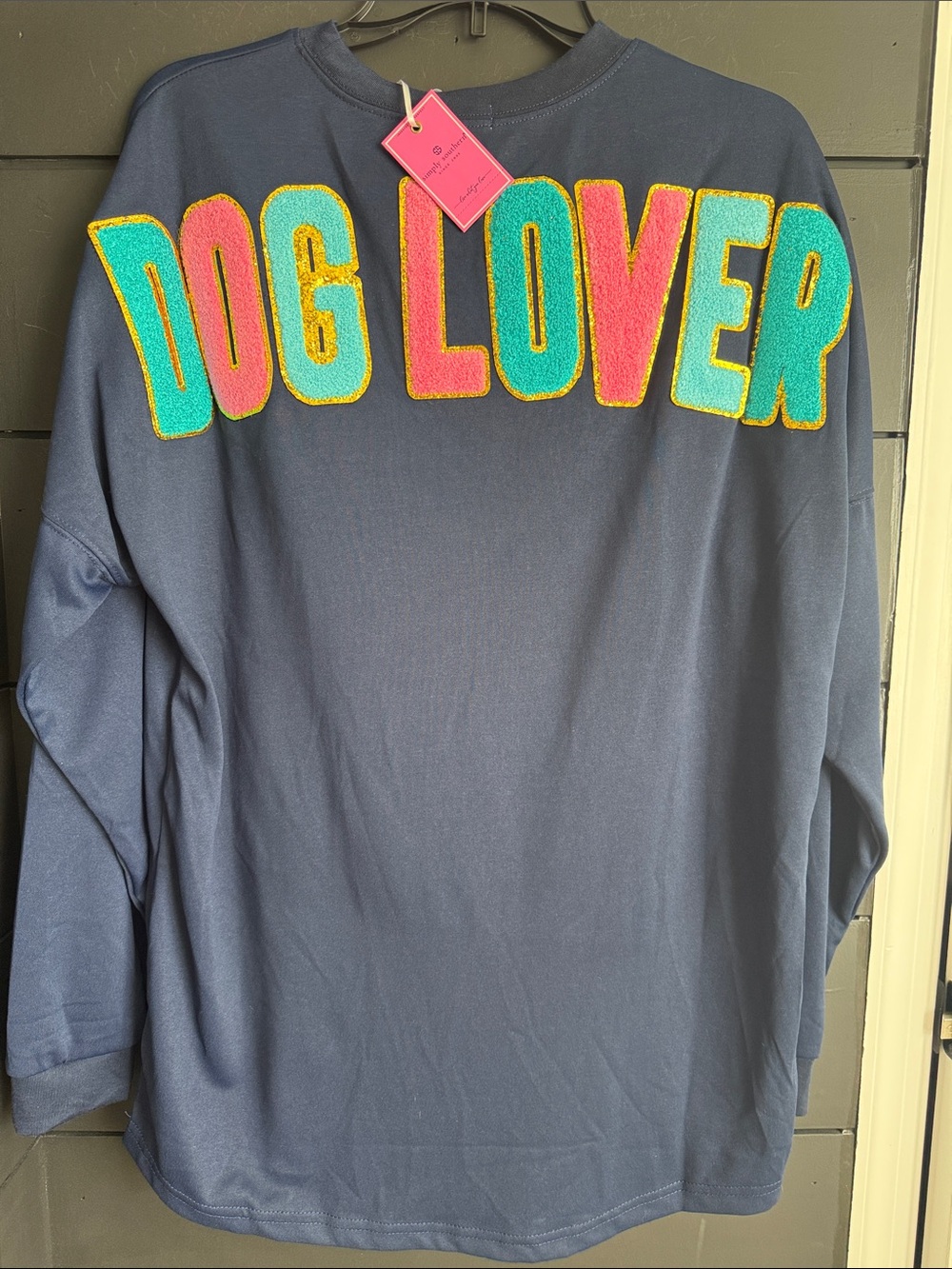 Simply Southern Navy Shirt with Bright Chenille and sequin 'DOG LOVER' L